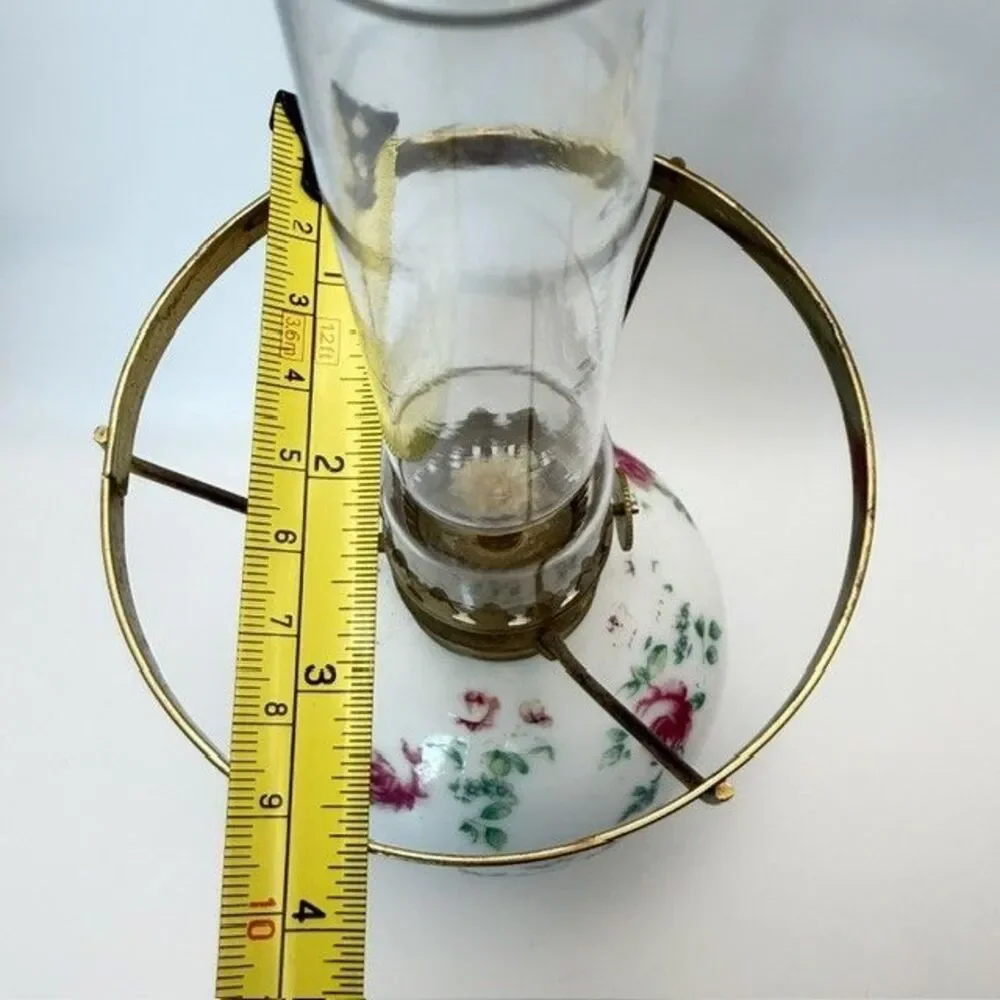 Antique Miniature GWTW Oil Lamp Base White Milk Glass Pink Roses 5 inch Japan